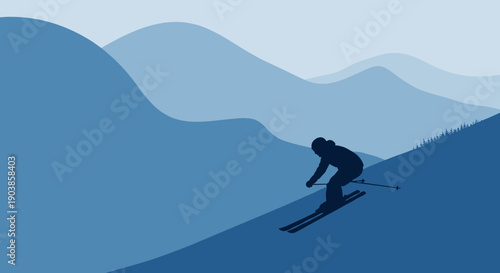 Silhouette of a person skiing downhill on a snowy slope against a minimalist blue mountain landscape, a vector illustration with ample copy space for winter sports concepts