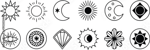 Celestial Sun Moon and Mystical Symbols Line Art Vector Set – Abstract Cosmic Icons, AI Generated