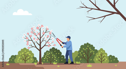Male gardener character in blue clothing using large red shears to prune a beautiful pink flowering tree in a lush green garden illustration