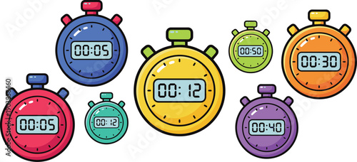 Vibrant cartoon stopwatches with digital timers showing various elapsed times on white