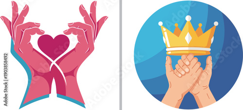 Two powerful vector symbols: elegant pink hands framing a central heart, and two hands firmly clasped together beneath a golden crown on a blue circular background.
