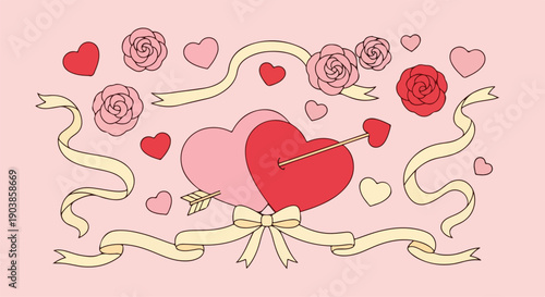 Romantic illustration with hearts, roses, ribbons, and an arrow on a pink background, symbolizing love and Valentine's Day.