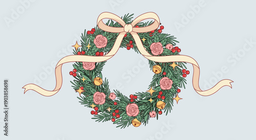 Festive illustrated Christmas wreath with pink roses, red berries, jingle bells, stars, and a large ribbon bow on a light blue background
