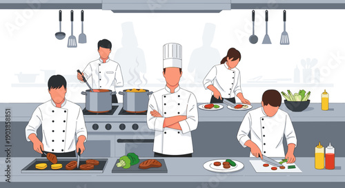 Team of professional chefs working together in a busy commercial restaurant kitchen, preparing and cooking various dishes in a flat vector illustration style