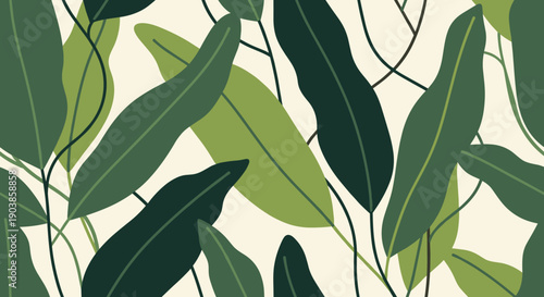 Seamless pattern of stylized tropical leaves in various shades of green, featuring a modern flat design style with overlapping foliage and thin stems on a light cream background