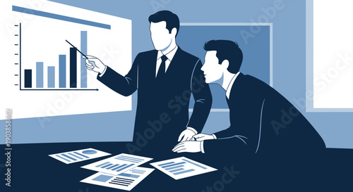 Two faceless businessmen in dark suits presenting a business growth bar chart on a screen during a corporate meeting in a minimalist vector illustration style