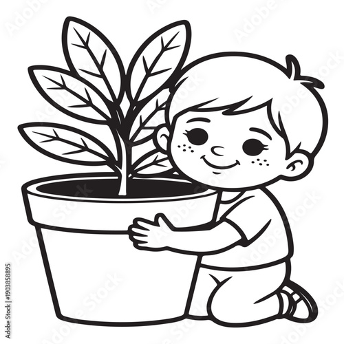 Cute cartoon child kneeling while hugging big potted houseplant symbolizing environmental care and nature conservation efforts