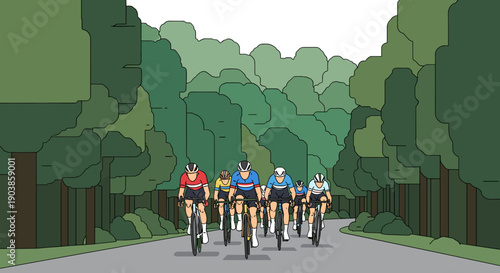 Peloton of professional road racing cyclists wearing helmets and colorful jerseys ride together on a paved road surrounded by a lush green forest in a flat vector style