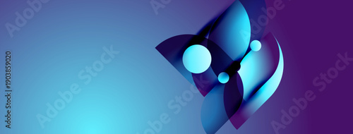 Abstract fluid shapes, vibrant blues, purples create dynamic composition. Smooth gradients, spherical elements suggest movement, depth.