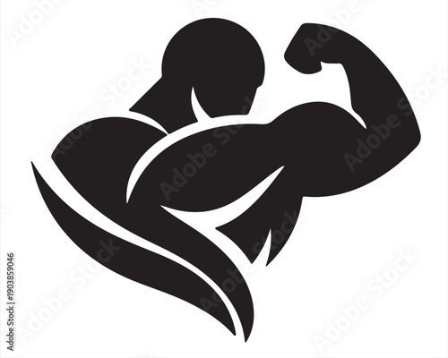 Dynamic Muscular Man Silhouette Vector Logo: Abstract Illustration of Bodybuilder Flexing Bicep and Back Muscles, Ideal for Fitness, Gym, and Strength Training Branding Design.