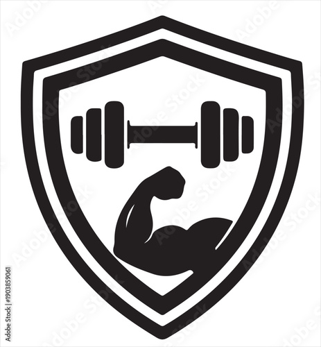Shield of Strength: Vector Logo Icon Featuring Muscular Bicep and Dumbbell for Gym, Fitness Center, Bodybuilding, Training, and Health Security Brand Identity Design