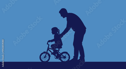 Dark blue silhouette of a father teaching his young daughter how to ride a bicycle on a simple blue background, a touching concept of parenting, support, and guidance