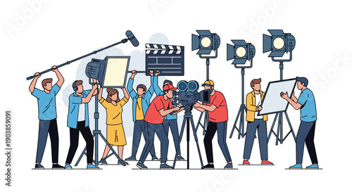 Movie production team working together on set with a professional camera, lights, microphone, and clapperboard in a flat vector illustration style isolated on white