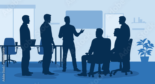 Group of business people silhouettes meeting in a modern office conference room for a presentation or discussion, with one man gesturing to the team