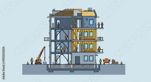 Multi-story building under construction shown in a detailed cross-section view with workers and equipment at various stages of the building process on a light blue background