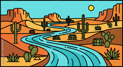 Colorful desert canyon landscape illustration with a winding blue river, saguaro cacti, and rock formations under a bright sun, created in a bold, flat line art style