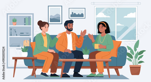 Diverse group of three friends having a friendly conversation, sitting together on a blue sofa in a cozy living room with plants and a window in a flat vector illustration style