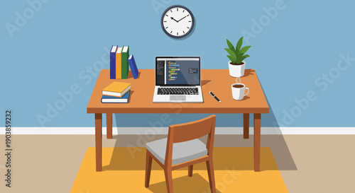 Clean home office workspace illustration with a laptop showing programming code, books, a steaming coffee cup, and a plant on a wooden desk against a blue wall