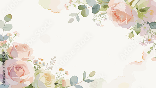 Floral arrangement with soft pastel roses and greenery on white background  