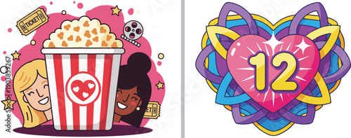 A diverse vector collection for Galentine's Day featuring group selfies, movie night popcorn, gift boxes, wine bottles, disco balls, and calendar reminders for February 12th and 15th.