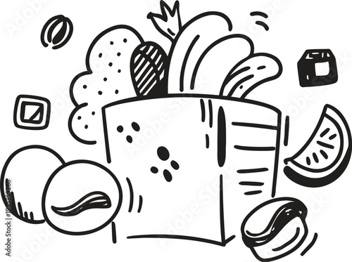 Hand Drawn Grocery Bag with Fresh Food Doodle Line Art Vector Illustration