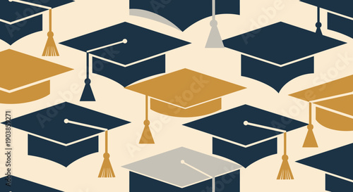 Seamless pattern of graduation caps with tassels in blue, gold, and grey, creating a repeating background for educational or ceremonial themes in a flat graphic illustration style