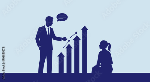 Businessman silhouette in a suit presenting a rising bar chart to a seated businesswoman in a minimalist vector graphic concept for corporate growth and mentorship