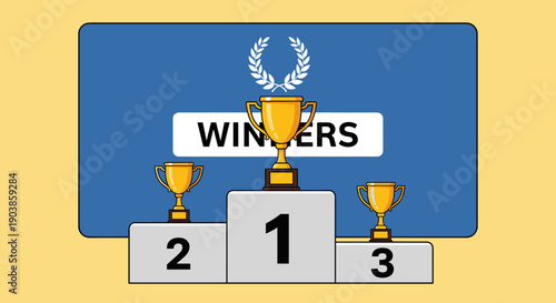 Winners podium with three gold trophy cups for first, second, and third place in a flat illustration style with a laurel wreath on a blue and yellow background