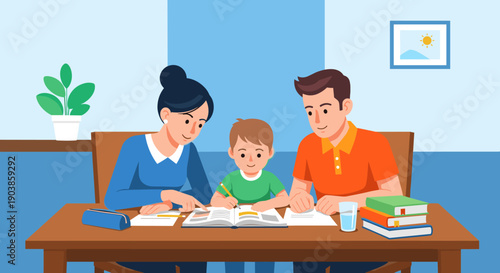 Supportive parents helping their elementary school son with his homework, sitting together at a wooden desk with books in a bright, modern flat vector illustration