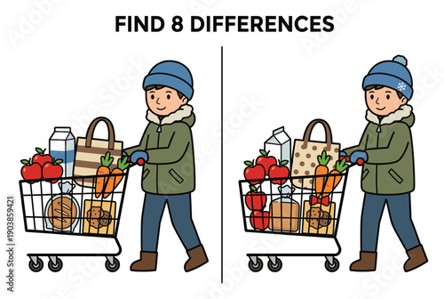 Boy pushing grocery cart with food items in cartoon style