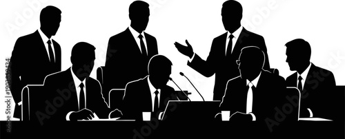 Silhouettes of businessmen in a meeting or conference setting with one gesturing
