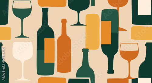 Seamless pattern of wine bottles and glasses in a modern flat style with earthy tones of green and orange, creating a festive background for a bar menu or party invitation