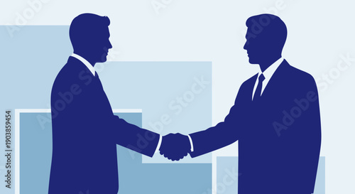 Two professional businessmen silhouettes in formal suits shaking hands to finalize a corporate agreement or partnership on an abstract geometric background