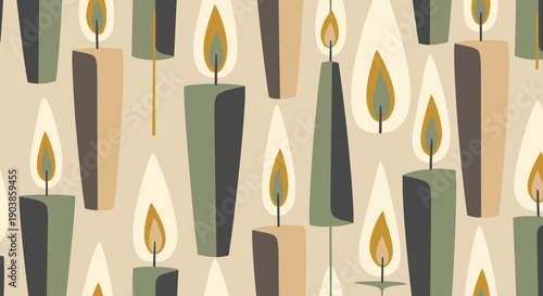 Seamless pattern of stylized burning candles in a retro mid-century modern style with a muted earthy color palette creating a cozy and warm festive background illustration