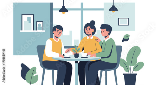 Three young friends sitting at a cafe table, with one man looking sad and lonely while a happy couple talks, in a modern flat vector illustration style
