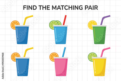 Colorful fruit drinks in matching pairs on a grid background  