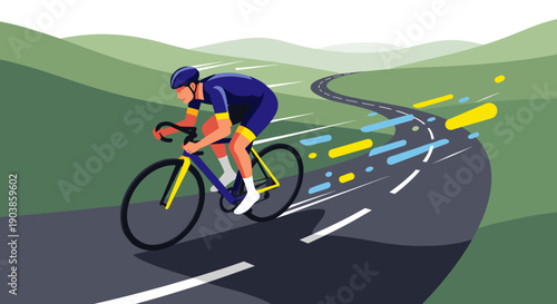 Male road cyclist in professional gear riding a racing bicycle at full speed on a winding mountain road, a dynamic vector illustration showing motion and endurance
