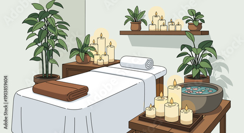 Clean white massage table with folded towels is ready for treatment in a serene spa interior with glowing candles, green houseplants, and a bowl of water with petals