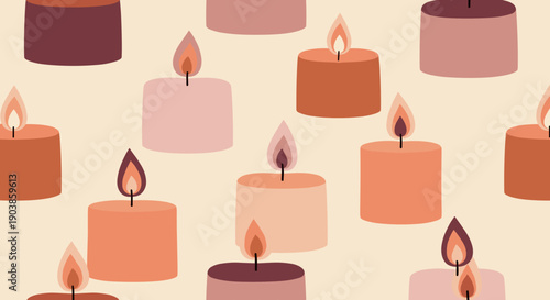 Seamless pattern of burning candles in warm earthy tones creating a cozy and peaceful atmosphere, a minimalist flat vector illustration on a light beige background