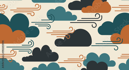 Stylized clouds and wind gusts seamless pattern in a retro flat graphic design, featuring a muted color palette for a decorative, abstract, and breezy weather background