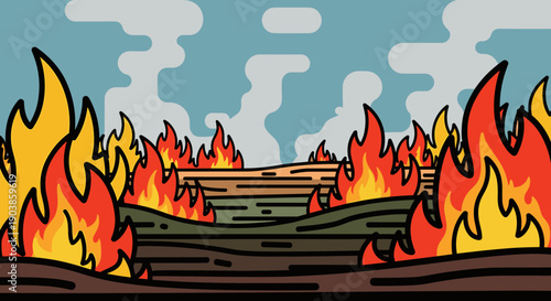 Stylized cartoon illustration of a bonfire with large, intense yellow and red flames burning wooden logs and producing smoke against a blue sky