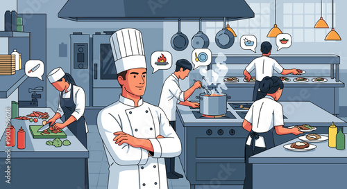 Confident head chef in a white uniform stands in a busy restaurant kitchen, a flat vector illustration of a culinary team working together to prepare and plate meals