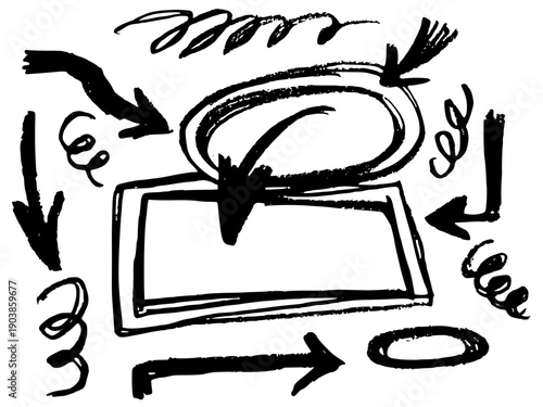 Hand drawn pencil arrows and scribble frames vector set. Textured graphite sketch design elements.