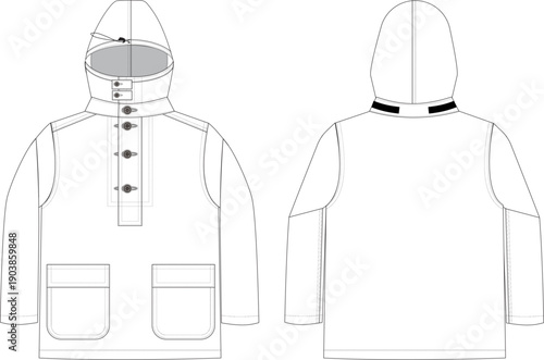 Denim Hoodie Flat Sketch Front and Back View