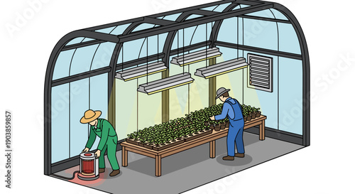 Two farmers tending to young plant seedlings under grow lights inside a modern greenhouse with a heater and ventilation, presented in a clear illustrative style on a white background