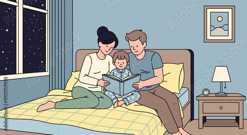 Loving family with a mother, father, and child reading a bedtime story together on a cozy bed in a bedroom with a starry night sky visible through the window