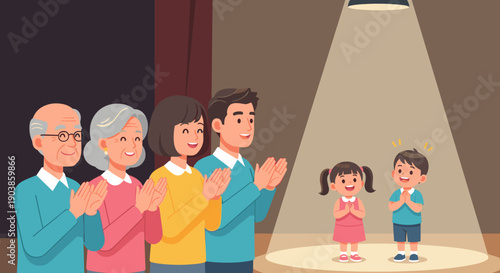 Two cute children bowing on a theater stage under a bright spotlight as their proud multi-generational family applauds from the audience