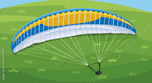 Blue, yellow, and white paraglider canopy with its lines and harness resting on a vibrant green grassy field before takeoff on a clear day