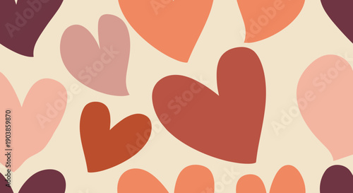 Hand drawn boho style heart shapes pattern in warm earthy tones creating a seamless romantic background for Valentine's day, a cute and modern vector illustration