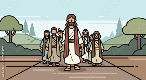 Cartoon illustration of Jesus Christ teaching his disciples while walking together on a path through a green landscape in a simple, flat vector art style with bold outlines